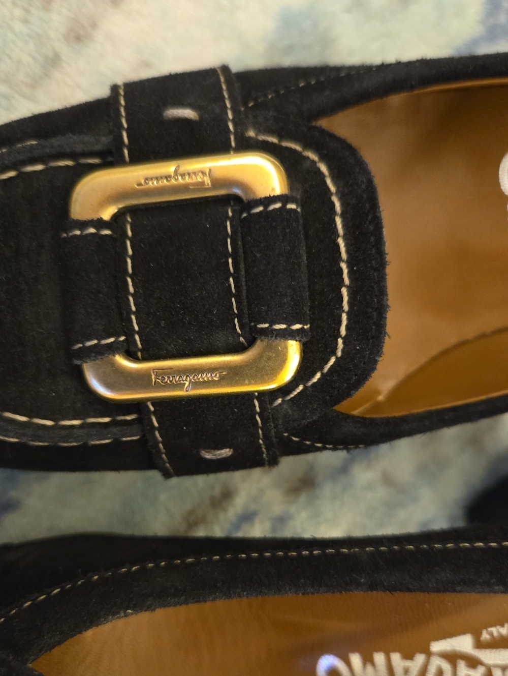 Salvatore Ferragamo Black Suede Loafers with Gold Buckles - Picture 2 of 9